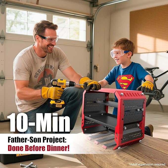 Power Tool Organizer Wall Mount with Charging Station, 3 Layer Heavy Duty Metal Tool Storage Rack Loads 420lbs with 4 Cordless Drill Holder, Battery Utility Rack Loads with 4 Power Strip
