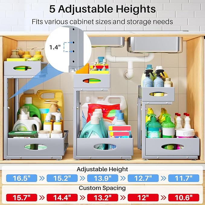 Under Sink Organizer, 2 Pack 2 Tier Pull Out Under Cabinet Organizer Shelf with Pad for Framed Cabinets, Metal Slide Out Under Sink Storage, Mesh Sliding Drawers for Kitchen Bathroom Laundry, Grey