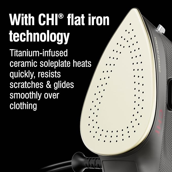 CHI Mini Steam Iron for Clothes, Sewing, Crafting and Travel with Titanium Infused Ceramic Soleplate, 1000 Watts, XL 10’ Cord, 3-Way Auto Shutoff, Portable, Vacation Essentials, Black (13120)