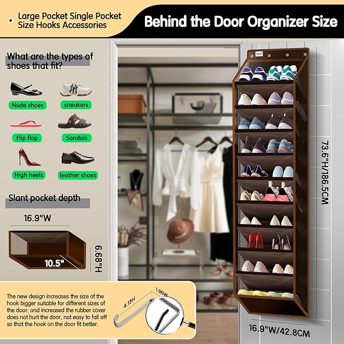 10 Tier Hanging Shoe Rack - Heavy Duty Behind The Door Hanging Shoe Rack, Sturdy Oxford Cloth, 20+ Pairs Over The Door Shoe Cabinet for Boots and Sneakers - Save 50% Closet Space! (Dark Curry)