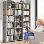 REIBII Book Shelf, 16 Cube Storage Organizers, DIY Tall Book Case for Bedroom, Office, Living Room, Closet, 12" D x 47.24" W x 70.86" H, Grey