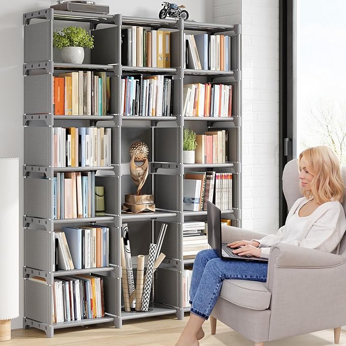 REIBII Book Shelf, 16 Cube Storage Organizers, DIY Tall Book Case for Bedroom, Office, Living Room, Closet, 12" D x 47.24" W x 70.86" H, Grey