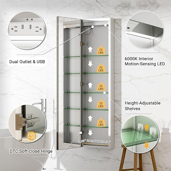16"x60" Tall Lighted Medicine Cabinet with Mirror Door & Brush Nickel Bevel Frame, Surface or Recessed LED Bathroom Mirror Cabinet with Outlet, 5-Tier Adjustable Shelf & Sensor Inner Light