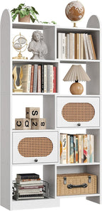 IRONCK 6 Tier Bookshelf and Bookcase with 2 Rattan Design Flip-top Storage Cabinets, 8 Cube Bookcases Display Storage Shelves Organizer for Living Room, 35.4" White