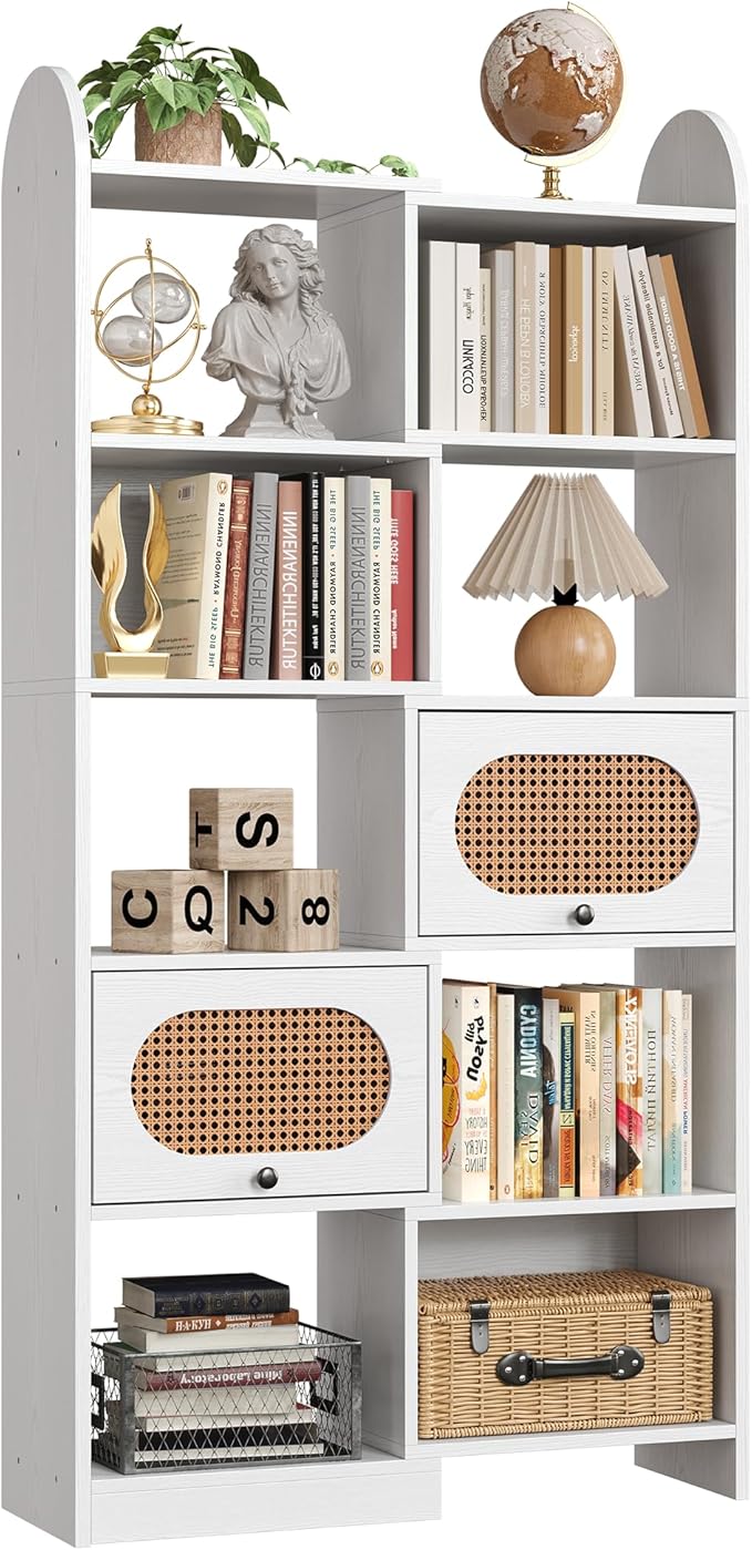 IRONCK 6 Tier Bookshelf and Bookcase with 2 Rattan Design Flip-top Storage Cabinets, 8 Cube Bookcases Display Storage Shelves Organizer for Living Room, 35.4" White