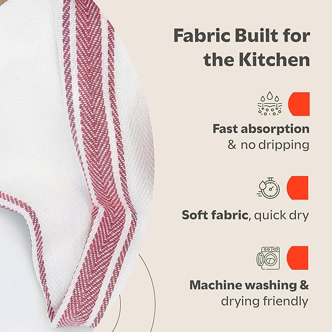 Zeppoli Classic Kitchen Towels -15 Pack 100% Natural Cotton Towel Set, Reusable Wash Cloths, Absorbent Dish Towels, Machine Washable Hand Towels, Kitchen Essentials - 14" by 25 - Red Striped