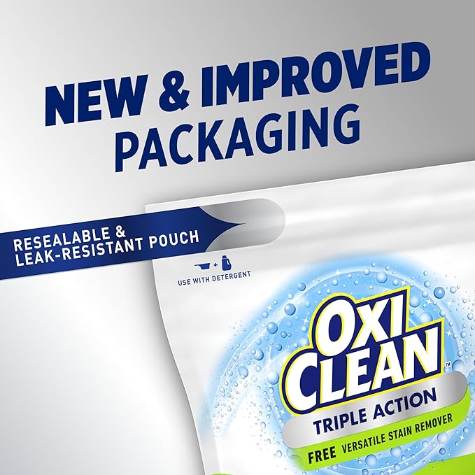 OxiClean Triple Action Free Versatile Stain Remover Powder, Use with Detergent, No Fragrance, No Dyes, No Chlorine, Removes Stains, Brightens Colors and Whites, 4 lbs