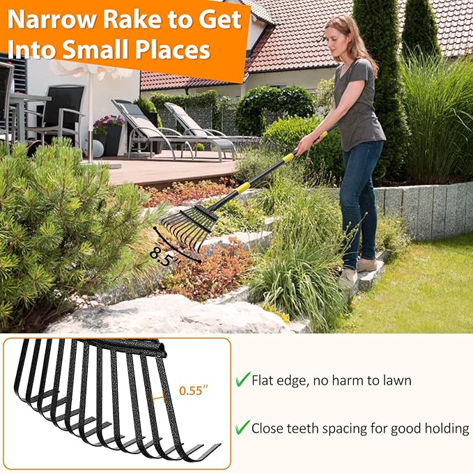 Garden Rake for Leaves, 65 inch Long Rake, 11 Tines Small Narrow Rake, Heavy Duty Metal Leaf Rakes with Adjustable Steel Handle for Lawns Yard Flower Bed Grass Mulch Shrub Camping Gardening