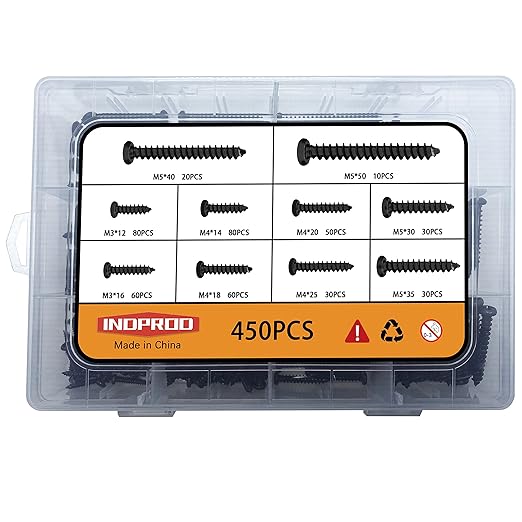 450 pcs M3 M4 M5 Black Wood Screws Assortment Kit,High Hardness Carbon Steel Self-Tapping Screws,Phillips Drive Pan Round Head Screws Set Kit,Black Oxide,Full Thread
