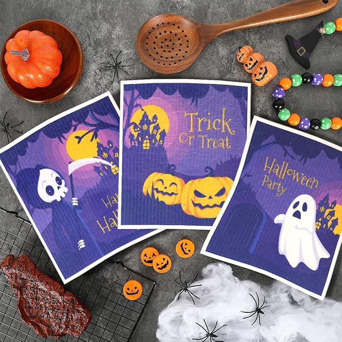 6 Pack Swedish Dishcloths for Kitchen |Watercolor Dish Towels | Reusable Paper Towels Washable | Non-Scratch Cellulose Sponge Cloths | No Odor, Biodegradable, Swedish Cloths, Halloween