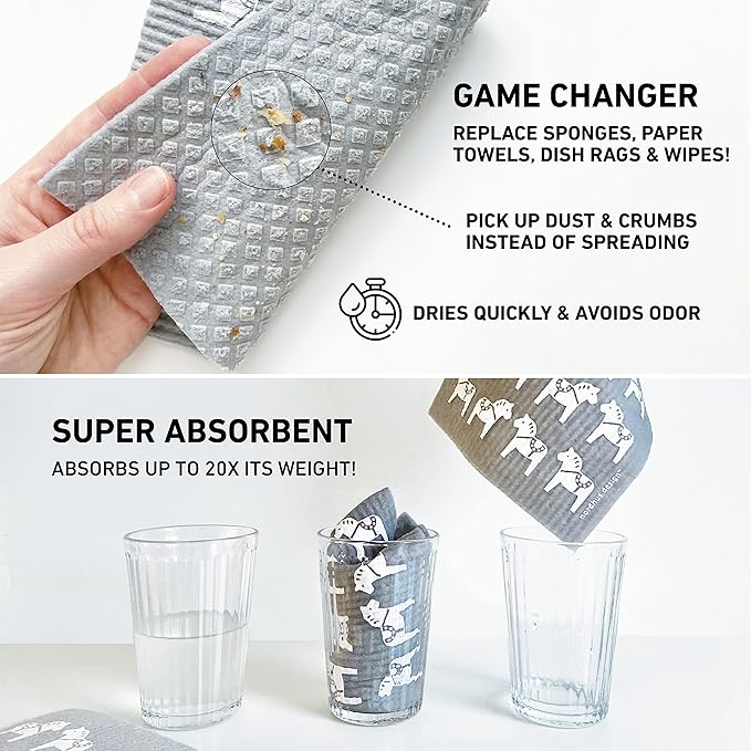 Nordhus Design Swedish Dishcloths,10 Grey Cloths, Made in Sweden - Reusable, Washable Cellulose Cotton Kitchen Cloths - Replace Paper Towels, Wipes, Sponges, Dish Rags