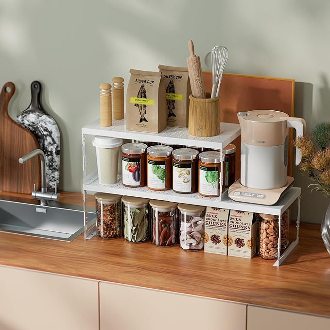 Jojocross Adjustable Stackable Metal Storage Shelf Organizer - Expandable Wire Rack with Perforations for Kitchen, Pantry, Bathroom, Cabinet & Office-Compact, Durable & Sturdy (2PACKS/Medium/White)