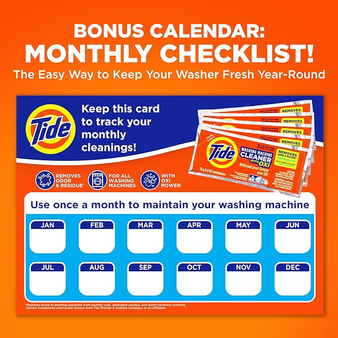 Tide Washing Machine Cleaner with Oxi for Front and Top Loader Washer Machines, Deep Cleaning Residue & Odor Eliminator, 12 Month Supply (Packaging May Vary) + Calendar