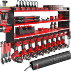 KAFAHOM Power Tool Organizer with Charging Station,9 Drill Holder Wall Mount,4 Layer Heavy Duty Metal Cordless Drill Storage for Garage Organization,Battery Tool Rack Built in 7 Outlet Power Strip Red