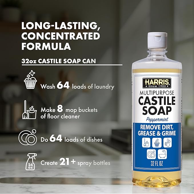 HARRIS Multi-Purpose Pure Castile Soap, Made with Olive, Coconut, and Pine Tree Oil, Uses for Face, Body, Hand, Hair, Home, Dishes, and Laundry, Peppermint, 32 Fl Oz