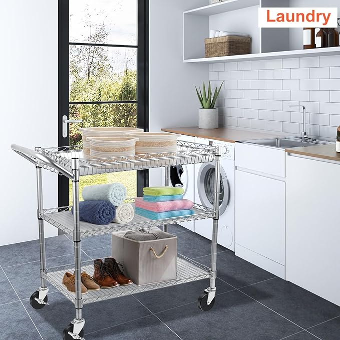 Heavy Duty Utility Cart, 990Lbs Capacity 3 Tier Rolling Carts with Wheels, Kitchen Cart on Wheels with Storage, Commercial Grade Metal Serving Carts with Wire Shelving &Handle Bar, Silver