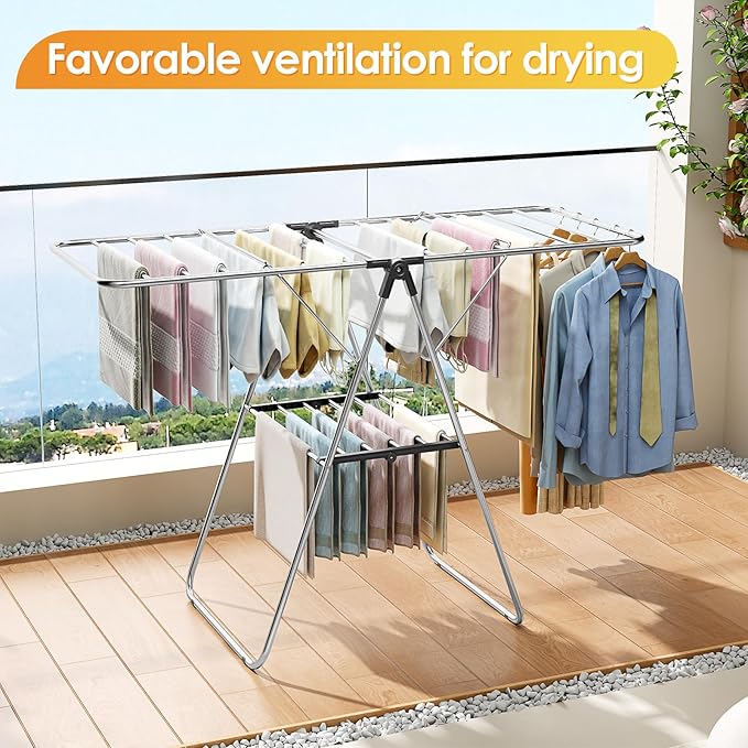 KINGBOARD Clothes Drying Rack, Laundry Drying Rack with Height-Adjustable, Foldable Gullwing for Easy Storage, No Assembly, Indoor Outdoor Use, 56.4" D x 21.6" W x 39.3" H, Black