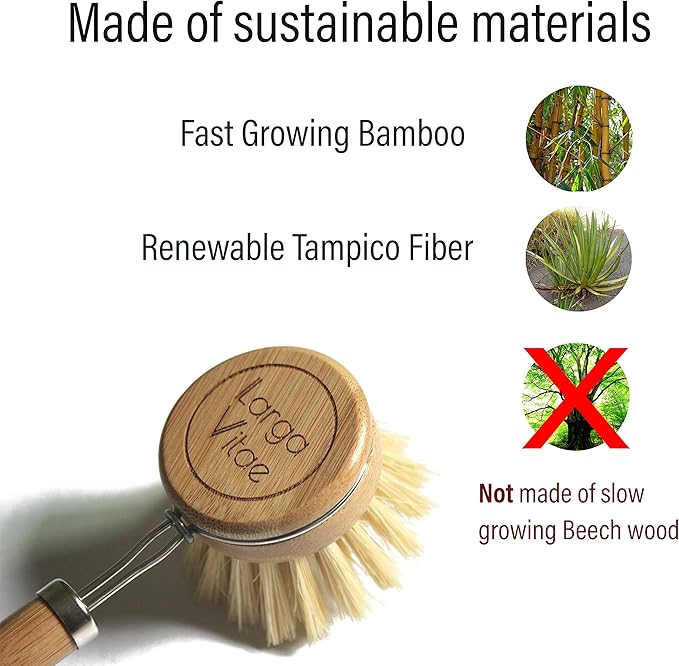 Wooden Dish Brush Made of Renewable Bamboo Wood and Natural Bristle Tampico Fiber, includes 5 Replacement Brush Heads, Durable, Long Lasting, All Purpose Kitchen Scrubber