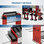 Power Tool Organizer with Charging Station, 4 Layers Garage Storage Rack with 6 Drill Holders, Father's Days Gift For Dad, Wall Mount Garage Organizer Built in 8 Outlets Power Strip, Red