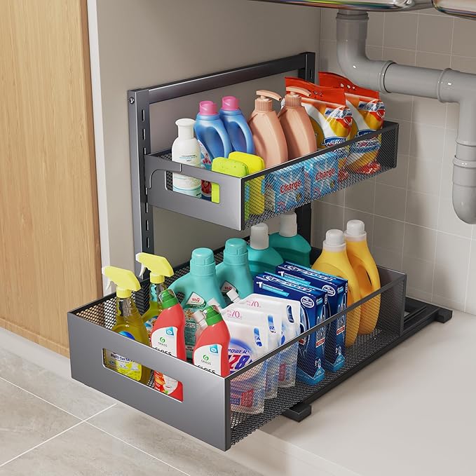 Under Sink Organizer Pull Out Cabinet Organizer Adjustable Height 2 Tier with Sliding Drawers Kitchen Bathroom Organizer and Storage(Gray-1pc)