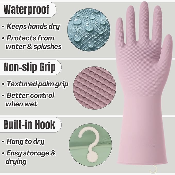 IMARU 3 Pairs Dishwashing Gloves with Hanging Hooks - Reusable Rubber Cleaning Gloves for Household & Kitchen & Gardening, Non-Slip & Waterproof & Durable (Small)
