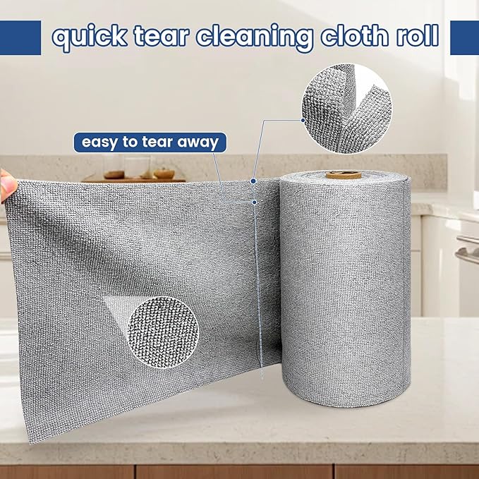 75 Pack Microfiber Cleaning Cloth Roll,Reusable Washable Ultra Tear Away Microfiber Towels,Absorbent Rags Drying Dishcloths for Car,Home,Garage or Shop Kitchen(Grey)