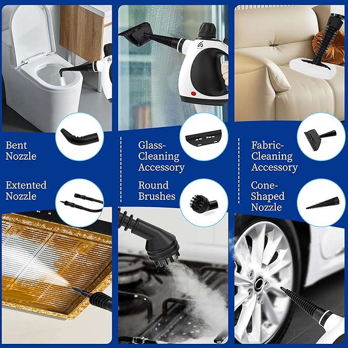 Steam Cleaner Handheld 12 Accessories Kit with Heat Resistant Gloves, Multi-Surface Steamer for Cleaning Home, Upholstery, Car, Floor, Grout and Tile