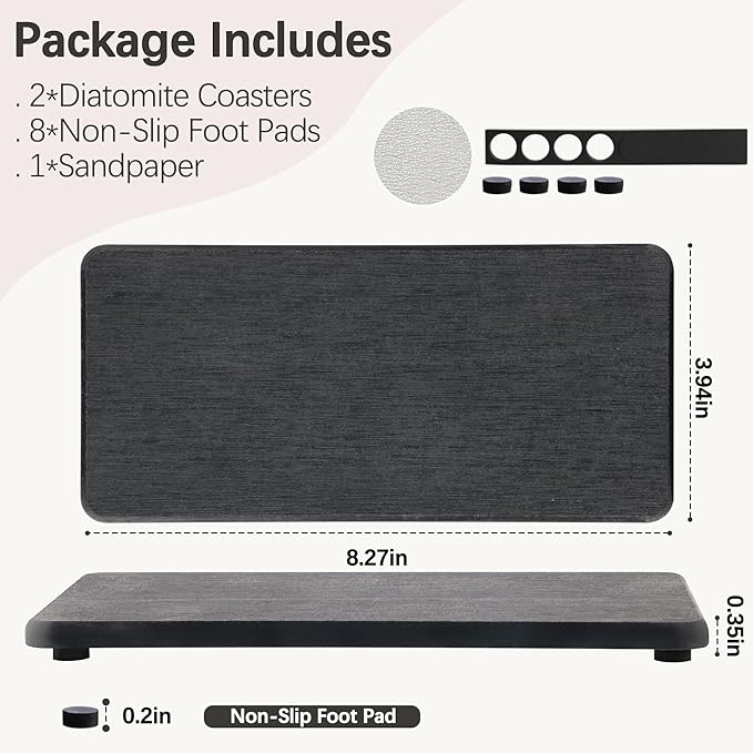 2 Pcs Water Absorbing Stone Trays, Kitchen/Bathroom Sink Soap Dish, Diatomite Tray Used for Hand Soap & Cosmetic Bottles in The Modern Home, 4" W x 8.3" L, Dark Gray