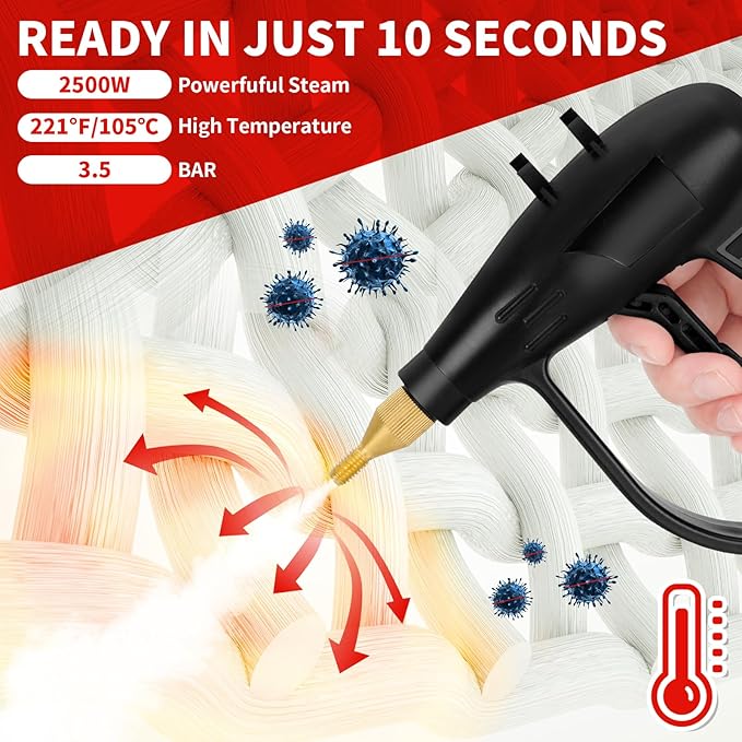 Handheld Pressurized Steam Cleaner,2500W Handheld High Temp Portable Cleaning Machine, Cleaning for Couch, Auto, Floor and More (Red1)