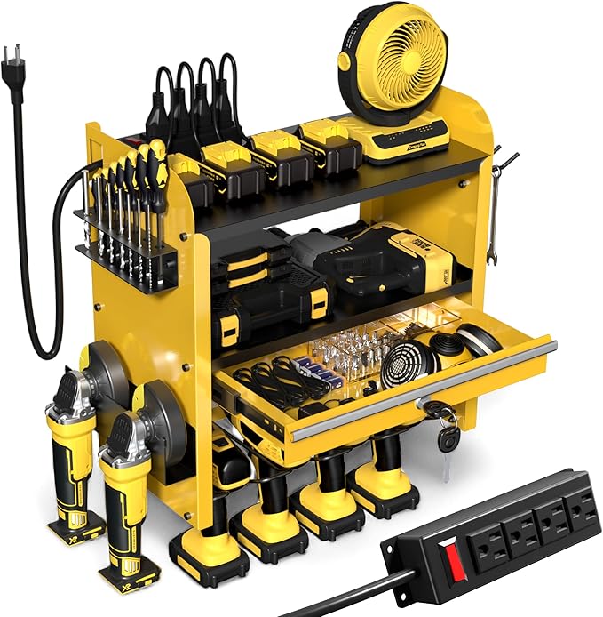 KSVO Power Tool Organizer Wall Mount with Drill Rack & Locking Drawers - Heavy Duty Metal Tool Shelf for Garage, Workshop, Shed, Basement Tool Organization - Gift for Men/Father (Yellow)