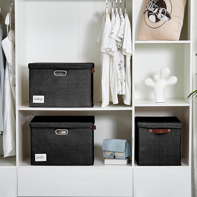 17" Large Collapsible Storage Bins with Lids, Stackable Closet Organizers with PU Handle and Labels, 3-Pack Decorative Fabric Storage Boxes for Home, Bedroom, Closet, Office, Nursery(Black)