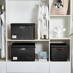 17" Large Collapsible Storage Bins with Lids, Stackable Closet Organizers with PU Handle and Labels, 3-Pack Decorative Fabric Storage Boxes for Home, Bedroom, Closet, Office, Nursery(Black)