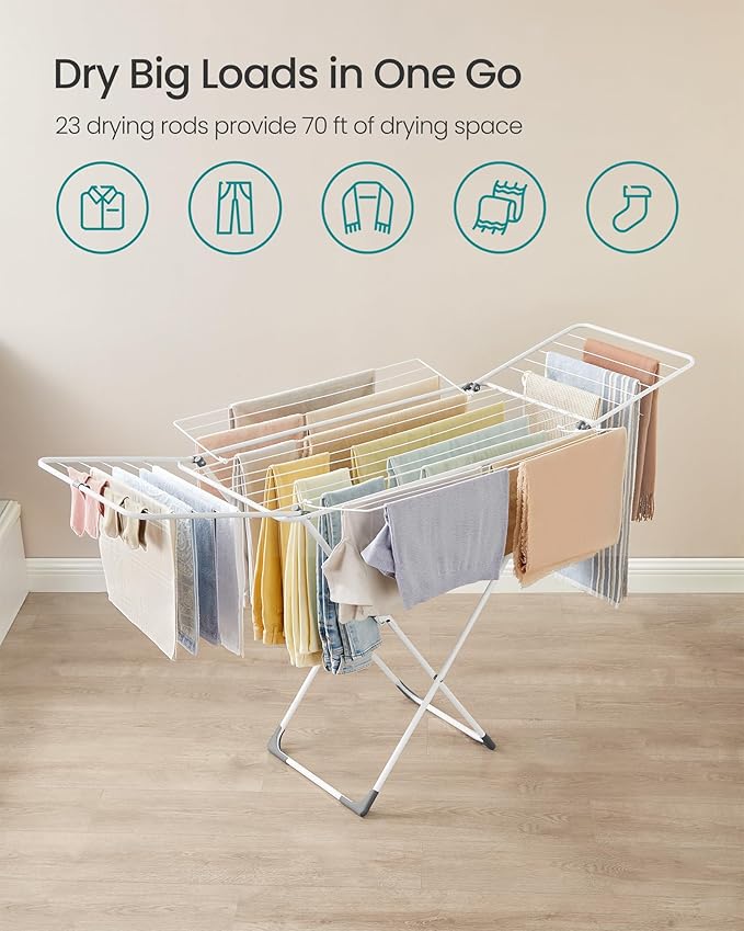 SONGMICS Clothes Drying Rack, Metal Laundry Drying Rack, Foldable, Space-Saving, Free-Standing Airer, with 4 Gullwings, Indoor Outdoor Use, Bed Linen Clothing, White ULLR541W01