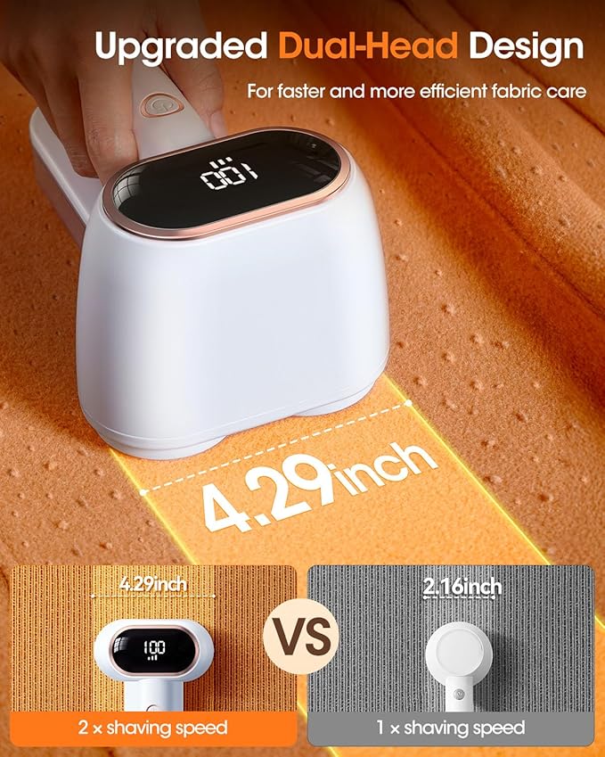 Fabric Shaver and Lint Remover, 6 Stainless Steel Blades, Dual-Head Rechargeable Sweater Shaver with LED Display, 3 Speeds, Electric Defuzzer for Clothes, Fuzz, Pills and Furniture