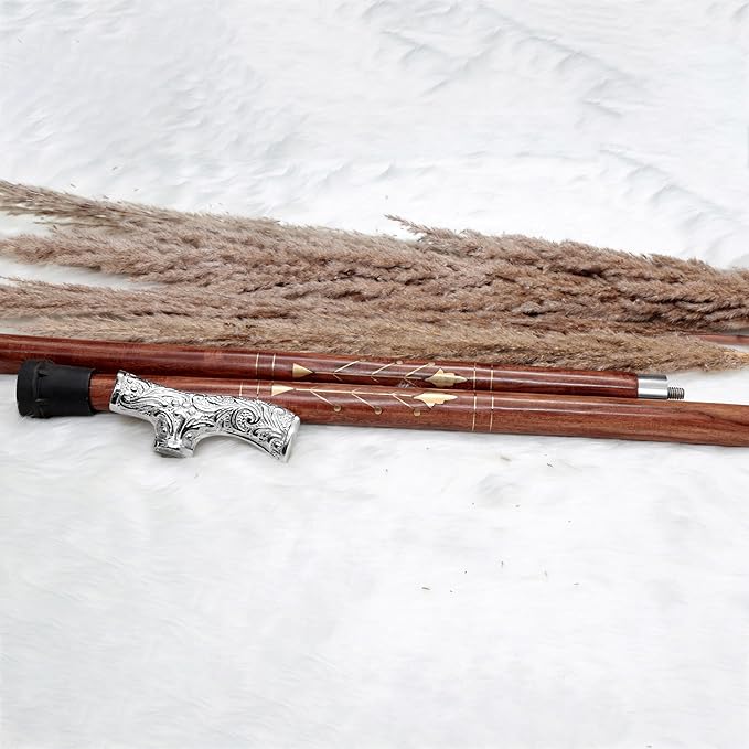 Deluxe Walking Sticks | Rosewood Crafted Cane with Solid Brass Chrome Decorative Bars | Nagina International