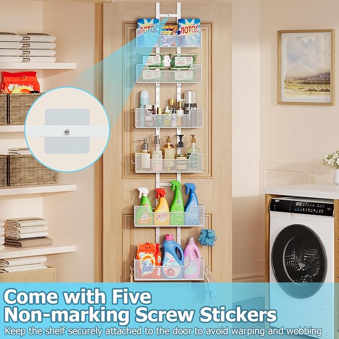 Over The Door Organizer, Metal Hanging Door Organizer with 6 Adjustable Baskets and 5 Hooks, Behind The Door Storage for Closet Pantry Cabinet Kitchen Bathroom Bedroom, White