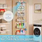 Over The Door Organizer, Metal Hanging Door Organizer with 6 Adjustable Baskets and 5 Hooks, Behind The Door Storage for Closet Pantry Cabinet Kitchen Bathroom Bedroom, White