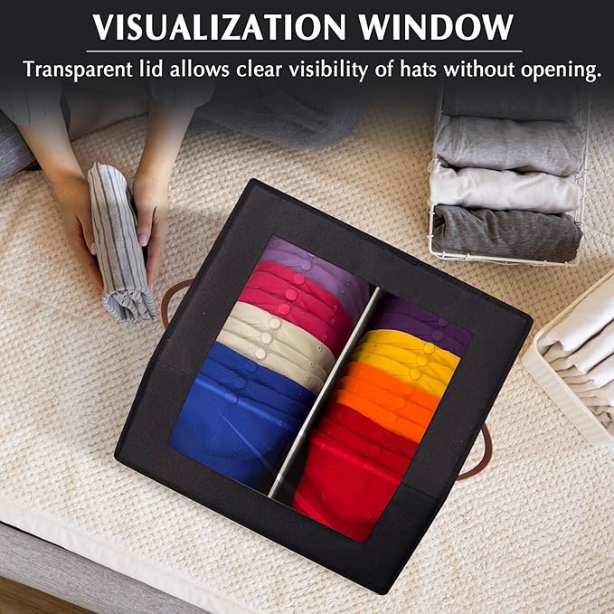 2-in-1 Hat Organizer for Baseball Caps Holds 24-30 Hats Holder for Closet with Clear lid Stackable Hat Storage with Adjustable Space Cowboy Hat Box for Men Women 1 PCS Black and Grey