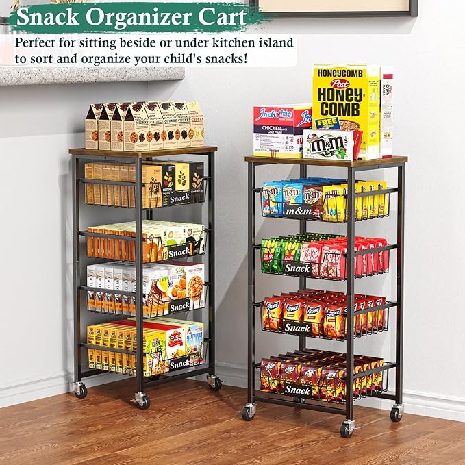 Fruit Basket, 5-Tier Utility Kitchen Organizer and Storage Cart with Pull-Out Baskets and Wood Top, Rolling Pantry Kitchen Cart on Wheels for Fruit Potato Onion Vegetable Snack Produce