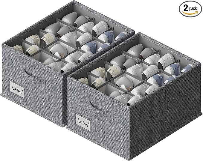 FHSQX 2 Pack Shoe Organizer for Closet,Fits up to 24 Pairs,Fabric Shoe Storage Bins,Large Shoe Box Storage Containers with Bottom Support for Shoes (Dark Gray, (16.5 * 12.6 * 9.5) x1)