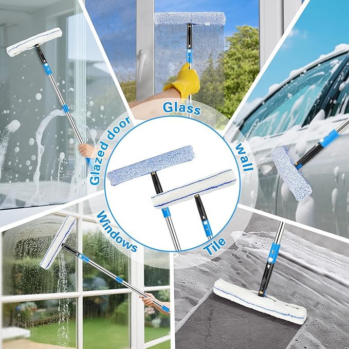 75'' Window Squeegee Cleaner Tool, Professional Window Cleaning Kit for Glass with 360° Rotation & Extension Pole- Glass Cleaner Tool with Scrubber for Windows,Glass,Bathroom,Shower