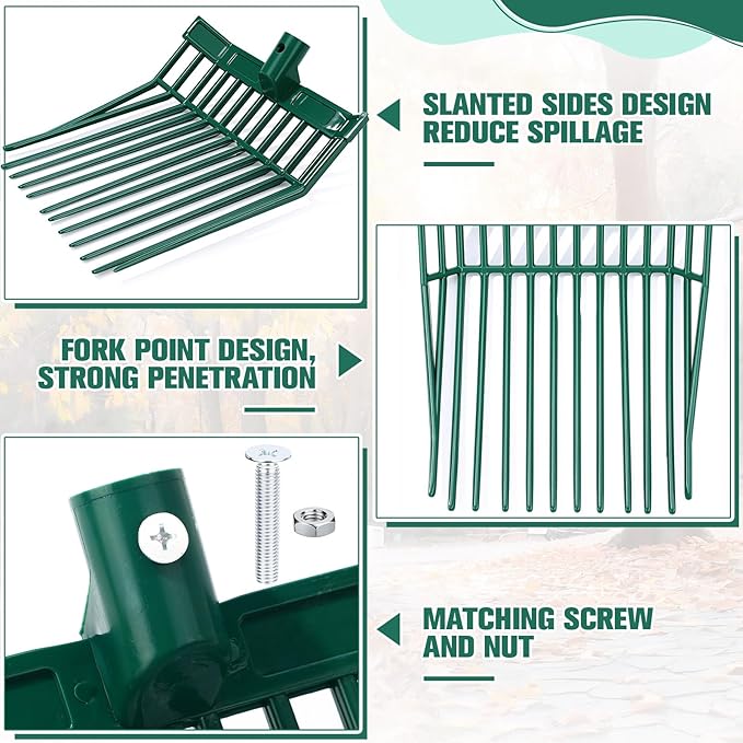 Lasnten 6 Pack Manure Fork Replacement Heads 12 Tines Heavy Duty Pitchfork Heads with Screws & Nuts Durable Horse Manure Rake for Picking up Grass Hay Animal Waste (Green)