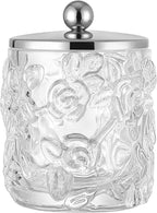 Clear Transparent Apothecary Floral Embossed Glass Jar With Silver/Chrome Metal Lid Cover for Bathroom Organization, Cotton Balls, Q Tips, and Small Accessories, Bathroom Storage