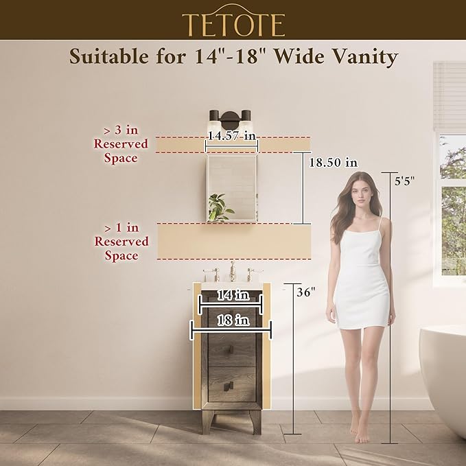 TETOTE 14 x 18 Medicine Cabinet with Tempered Beveled Mirror Silver Aluminum Cabinet DTC Hinges, Stepless Adjustable Shelves, Recessed/Surface-Mounted