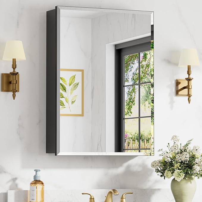 20x28 Inch Medicine Cabinet with Mirror, Aluminum Bathroom Mirror Cabinet, Beveled Edge Mirrored Single Door, Adjustable Shelves, Surface or Recessed Mount Mirrors with Storage,Black