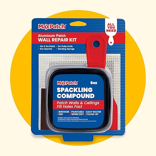 MaxPatch® Drywall Repair Kit, 4-Piece Set – Includes Self-Adhesive Aluminum Patch, 8 oz Spackle, 100% Recycled 3" Putty Knife, and Sanding Sponge – Multi-Purpose Wall Repair for Drywall, Plaster
