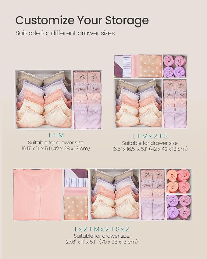 SONGMICS Drawer Organizer,Dresser Drawer Organizers, Set of 12, Foldable Fabric Storage Bins for Socks, Underwear, Bras, Ties, Scarves, Cloud White URDZ006W02