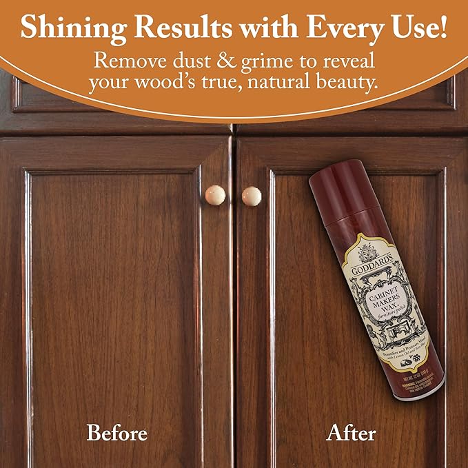 Goddard's Cabinet Makers Wax Spray, Wood Furniture Polish, Conditioner and Dust Cleaner with Bees Wax and Lemon Oil, Shine & Stain Protection, 12 oz