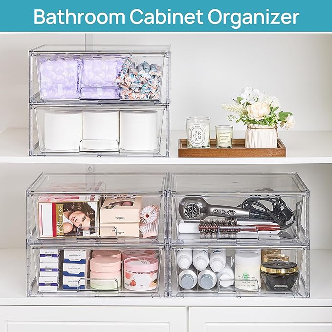Vtopmart 2 Pack Large Stackable Storage Drawers,Easily Assemble Clear Acrylic Bathroom Closet Undersink Organizers,Plastic Storage Bins for Cabinet,Kitchen Pantry,Medicine Organization