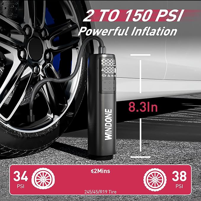 Car Vacuum, 12000Pa 2-in-1 Cleaner & Tire Inflator 150PSI, 60W Brushless Motor, Cordless Handheld Vacuum & Air Pump with Pressure Gauge, LED Light, Multi-Nozzles for Car, Home, Office